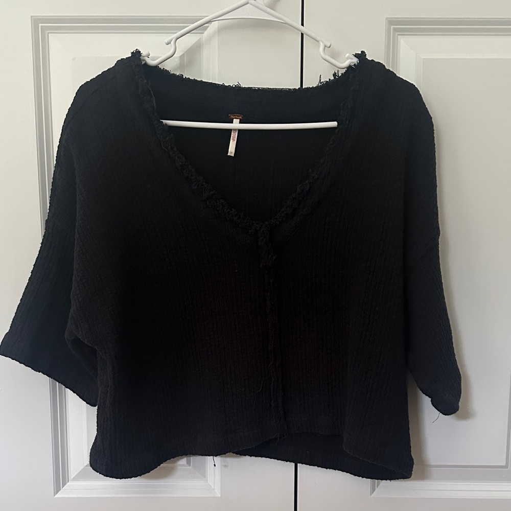 Free People Black Textured V-Neck Blouse